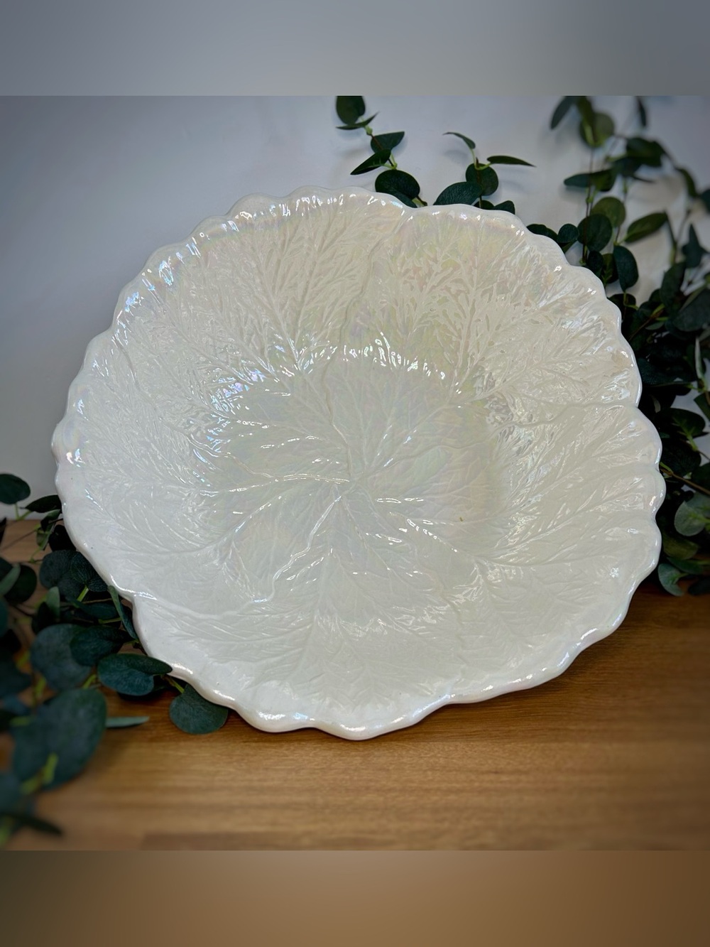 Vintage California Pottery Leaf Bowl | Iridescent White Cabbage Ware Serving Dis
